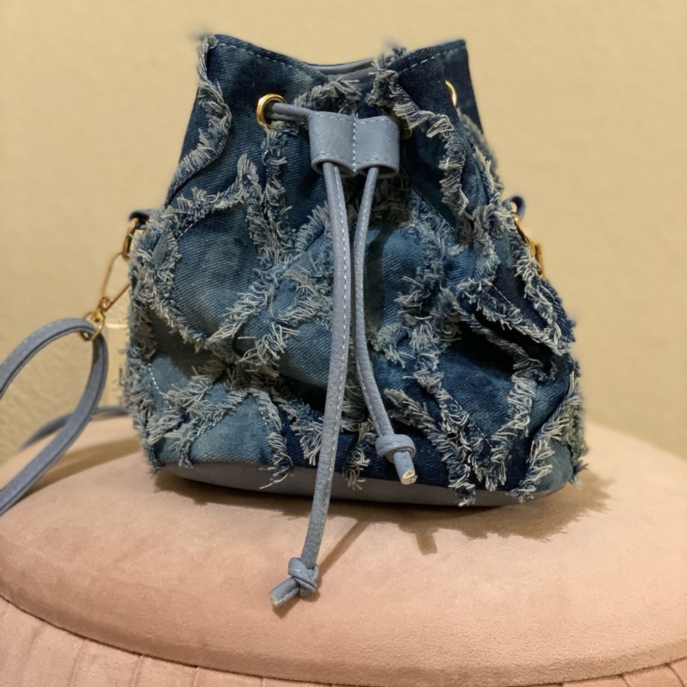 Mini Denim Raw Trim Bucket Bag
